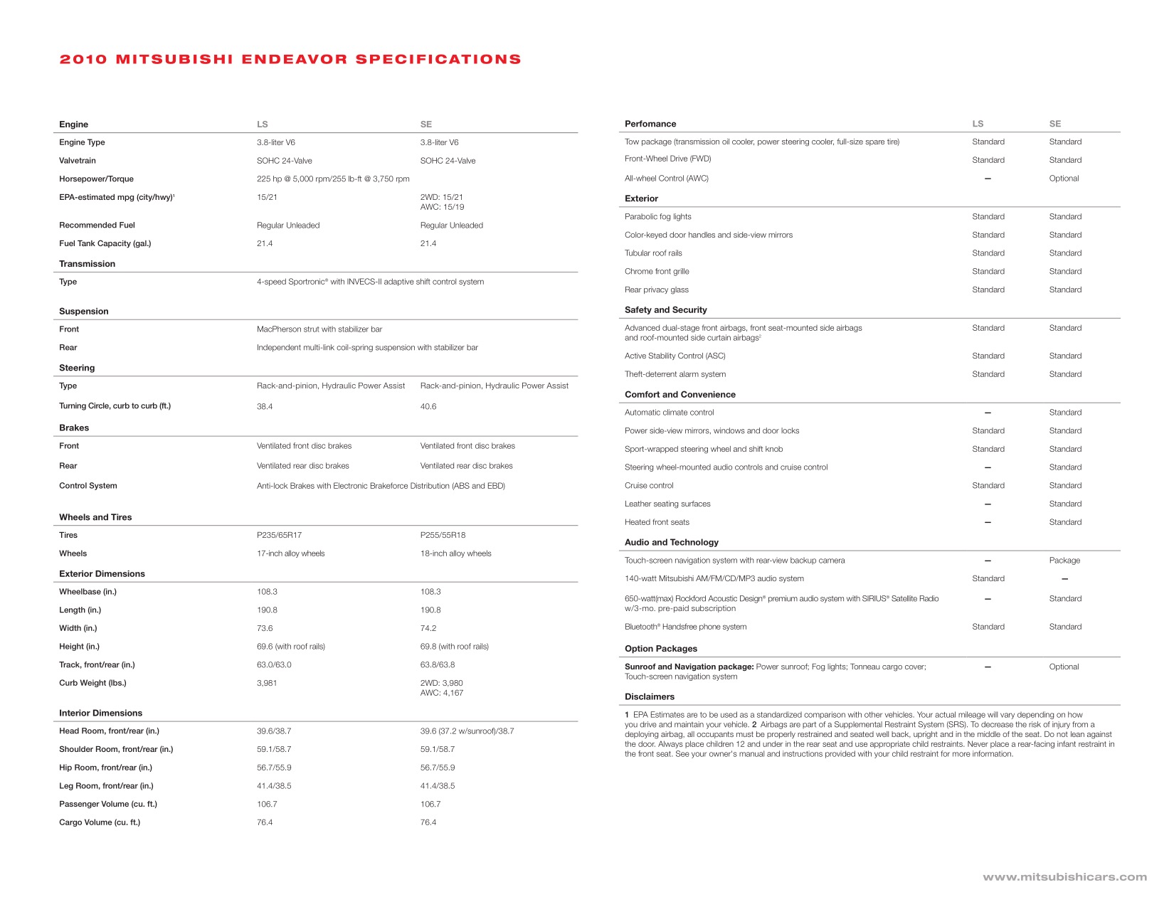 2010 Mitsubishi Endeavour Brochure Page 1